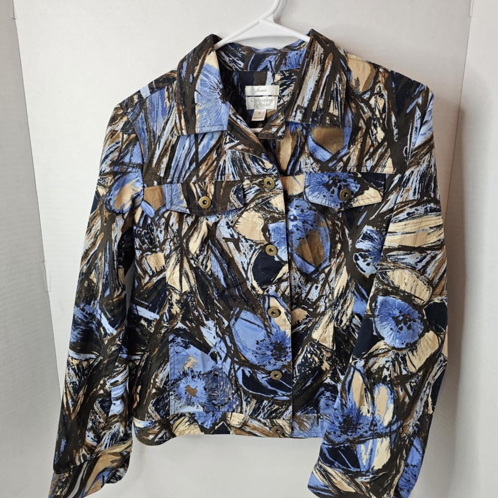 Christopher & Banks Blue and Beige Abstract Floral Jean Jacket